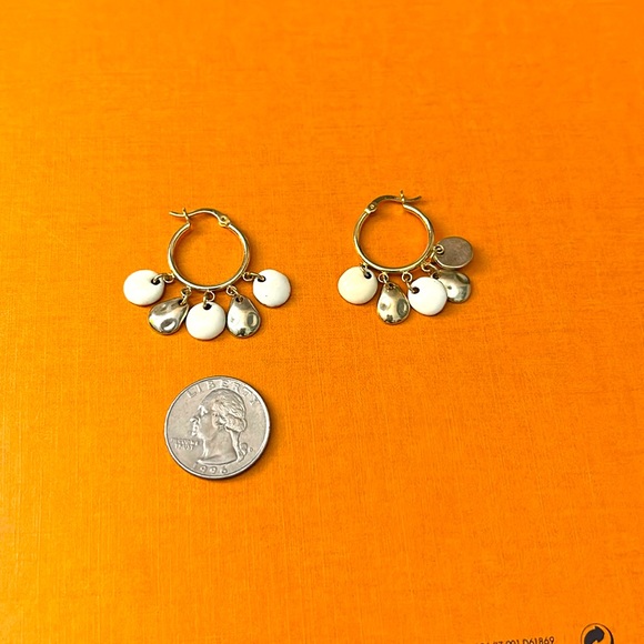 Jewelry - Circle earrings with five dangling pieces. Gold and white.